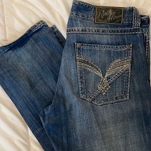 34 x 32 big stitched cowboy jeans rock 47 denim by Wrangler slim straight